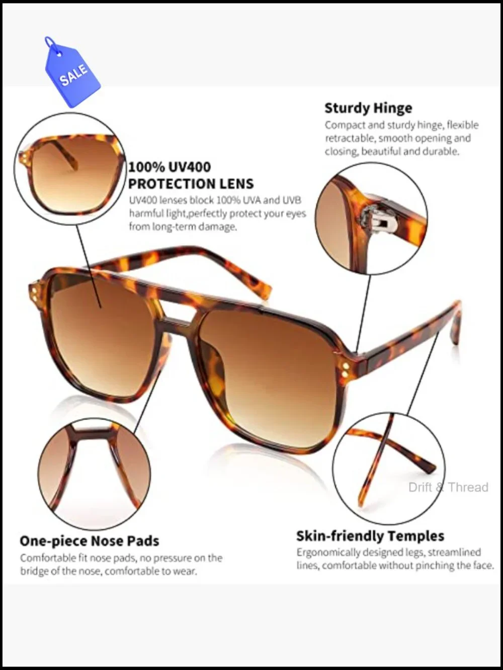 Retro Square Aviator Sunglasses 70s Vintage Plastic Frame UV400